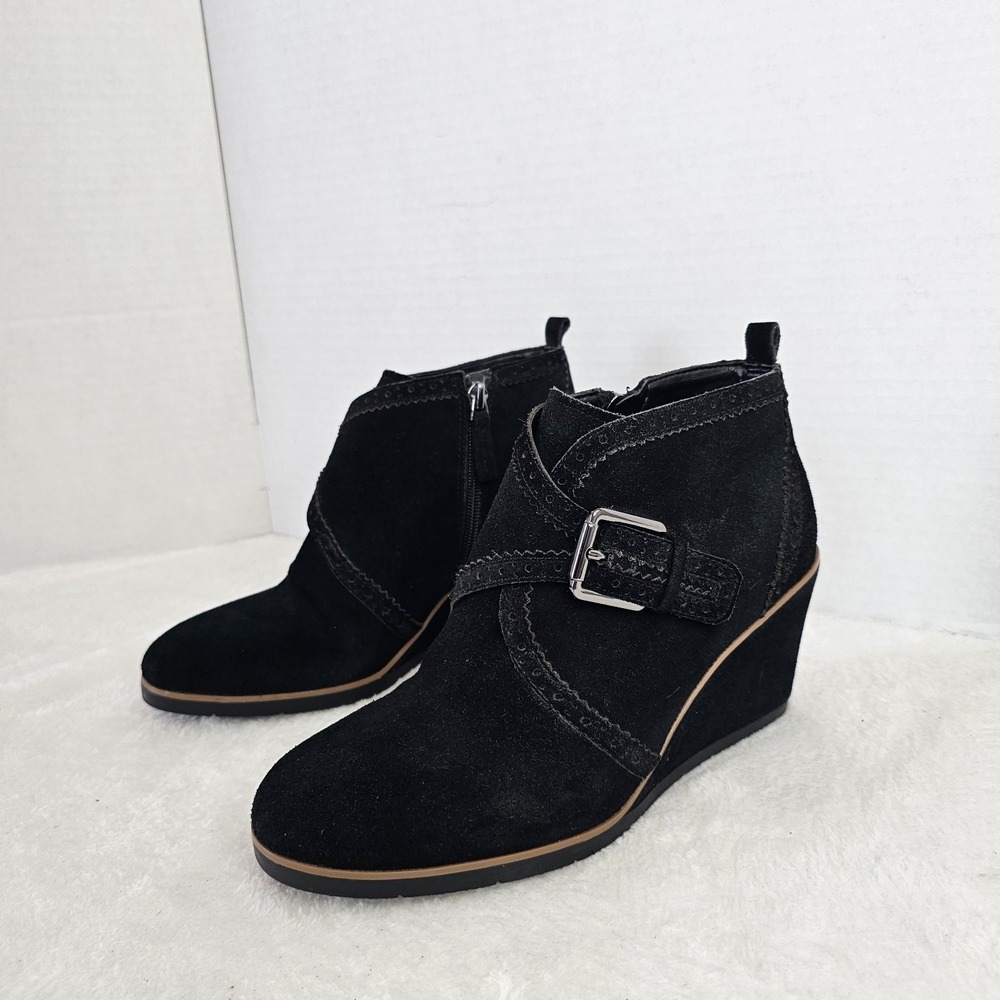 Franco Sarto Warrick Black Suede Ankle Boots Sz 8 Booties Womens Zip Wedge Shoes